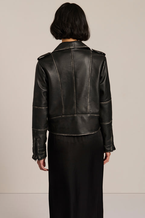 Women's genuine leather moto jacket with asymmetric zip-front closure and convertible collar