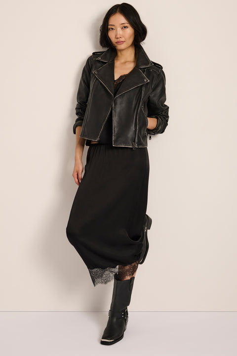 Women's genuine leather moto jacket with asymmetric zip-front closure and convertible collar