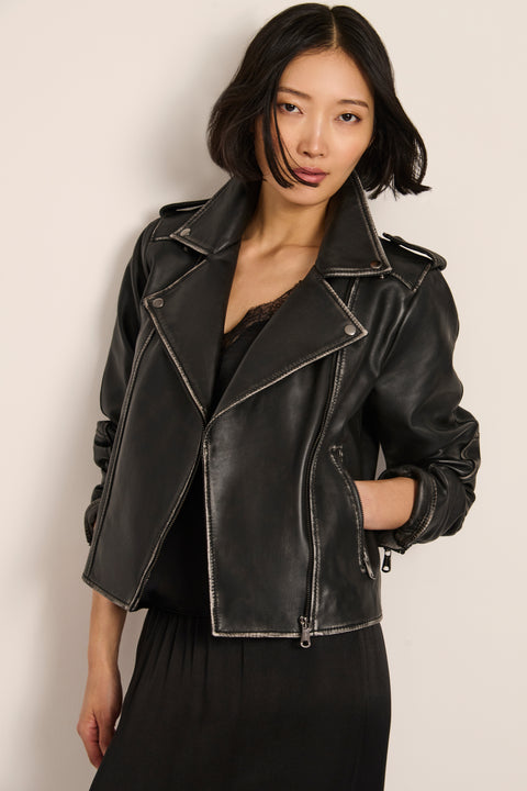 Women's genuine leather moto jacket with asymmetric zip-front closure and convertible collar