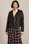 Women's genuine leather moto jacket with asymmetric zip-front closure and convertible collar