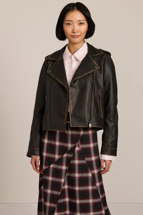 Women's genuine leather moto jacket with asymmetric zip-front closure and convertible collar