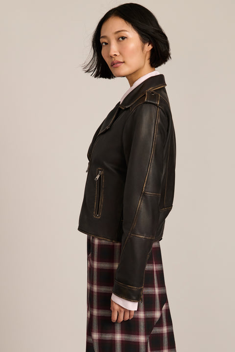 Women's genuine leather moto jacket with asymmetric zip-front closure and convertible collar