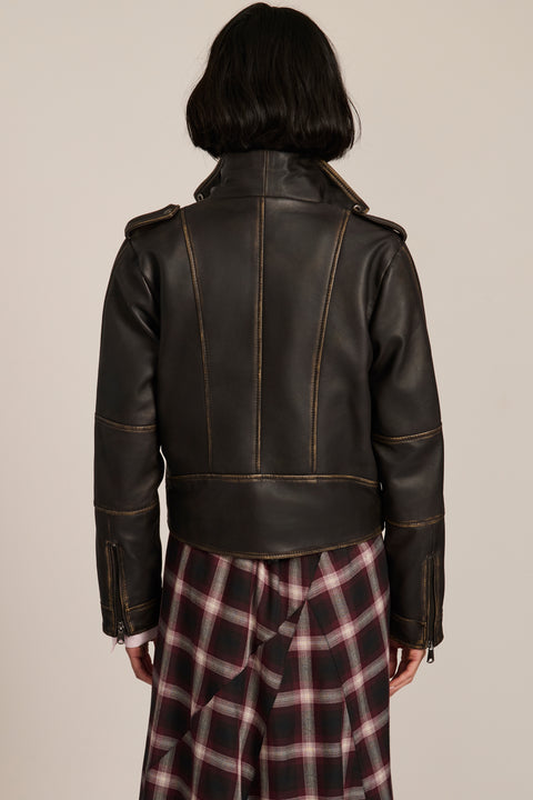 Women's genuine leather moto jacket with asymmetric zip-front closure and convertible collar