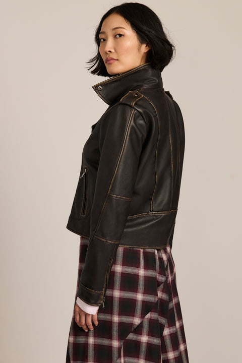 Women's genuine leather moto jacket with asymmetric zip-front closure and convertible collar