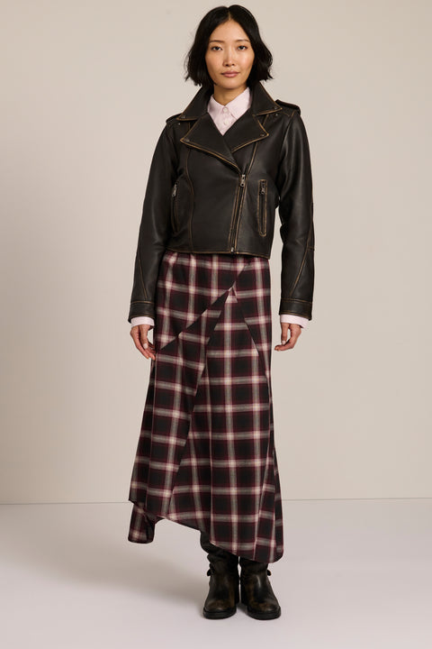 Women's genuine leather moto jacket with asymmetric zip-front closure and convertible collar