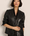 Women's genuine leather blazer with button-front closure and front patch pockets
