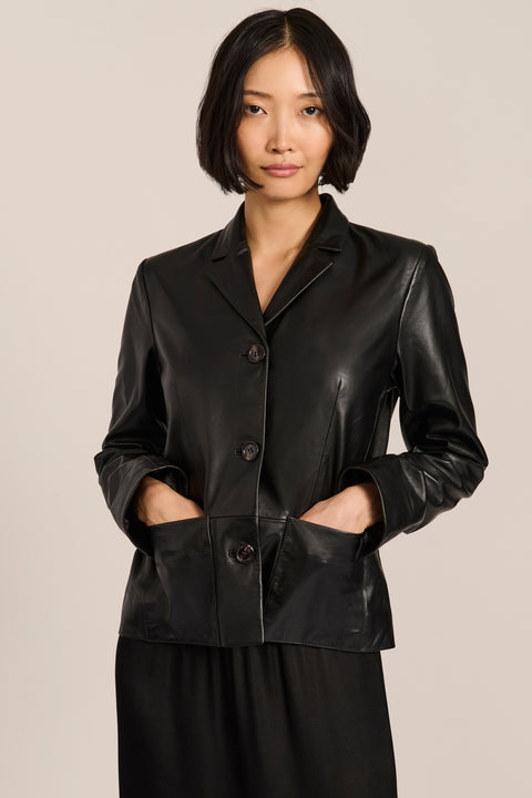 Women's genuine leather blazer with button-front closure and front patch pockets