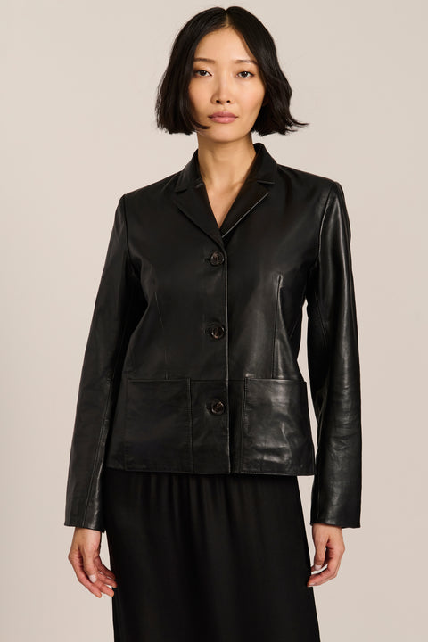Women's genuine leather blazer with button-front closure and front patch pockets
