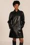 Women's black genuine leather car coat with point collar, button-front closure and side pockets.