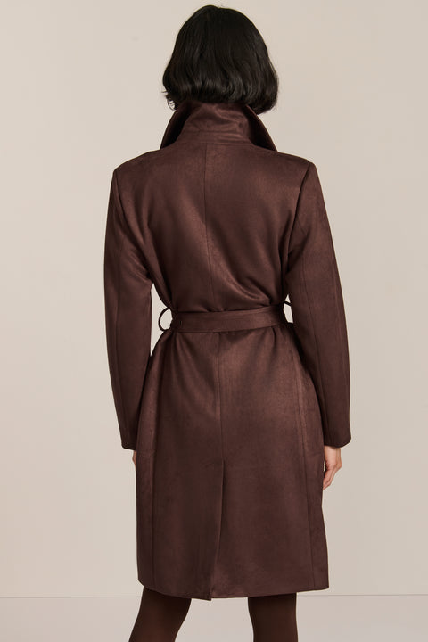 women's faux suede trench coat with a double-breasted front, notched lapels, belted waist and buckle cuff details.