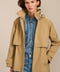 Women's hooded raincoat with drawstring waist, storm flap, side pockets and adjustable cuffs.