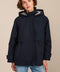 Women's hooded raincoat with drawstring waist, storm flap, side pockets and adjustable cuffs.