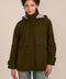 Women's hooded raincoat with drawstring waist, storm flap, side pockets and adjustable cuffs.
