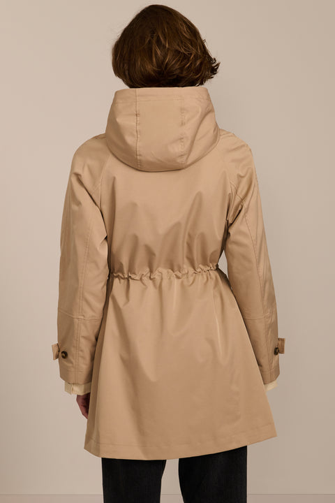 Women's raincoat with drawstring waist and hood.