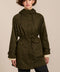 Women's raincoat with drawstring waist and hood.