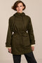 Women's raincoat with drawstring waist and hood.
