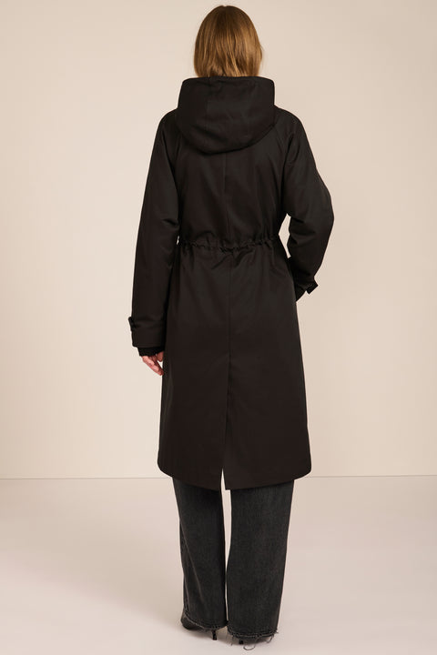Women's water-repellent hooded raincoat with adjustable drawcord waist and patch pockets