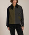 Women's colorblock utility jacket with corduroy collar, zip pocket, and water-repellent fabric