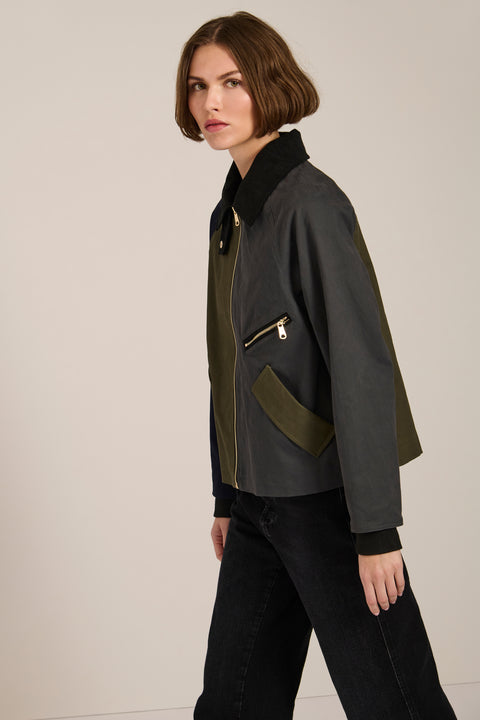 Women's colorblock utility jacket with corduroy collar, zip pocket, and water-repellent fabric