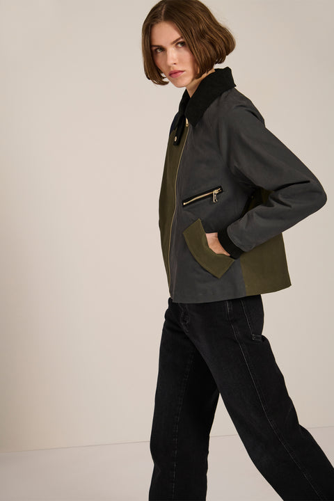 Women's colorblock utility jacket with corduroy collar, zip pocket, and water-repellent fabric