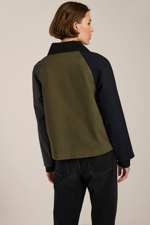 Women's colorblock utility jacket with corduroy collar, zip pocket, and water-repellent fabric