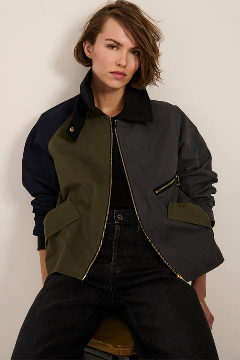 Women's colorblock utility jacket with corduroy collar, zip pocket, and water-repellent fabric