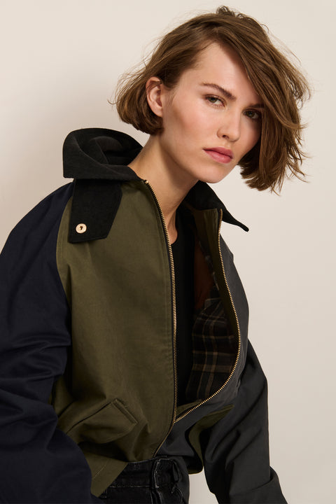 Women's colorblock utility jacket with corduroy collar, zip pocket, and water-repellent fabric