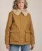 Utility jacket with removable faux fur collar, drawstring waist, oversized flap pockets and hidden zip closure.