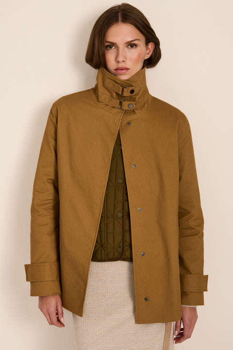 women's twill jacket with buckle collar.