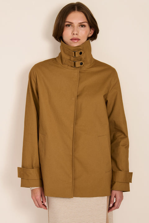 women's twill jacket with buckle collar.