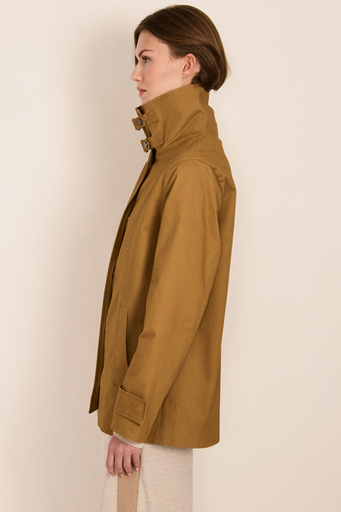 women's twill jacket with buckle collar.