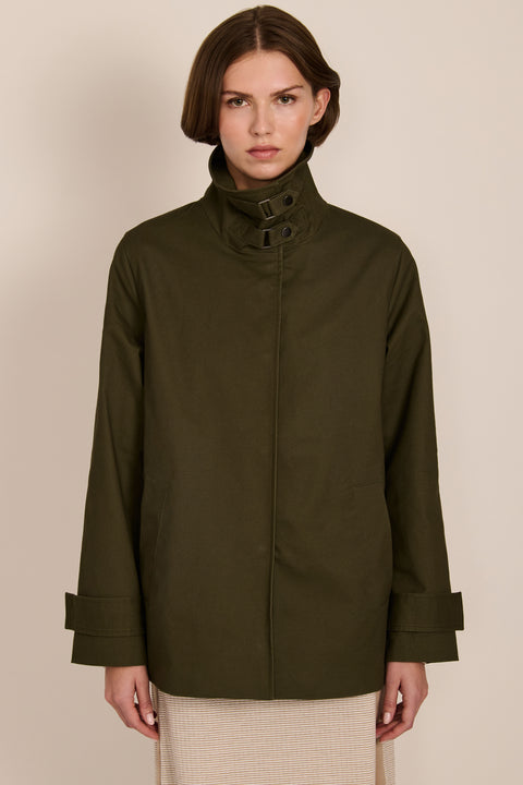 women's twill jacket with buckle collar.