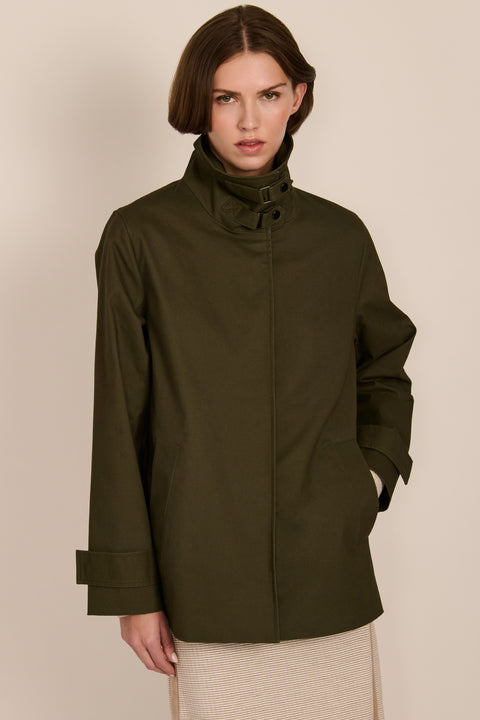 women's twill jacket with buckle collar.