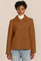 Double-Breasted Bouclé Jacket in camel, with pointed collar and patch pockets.