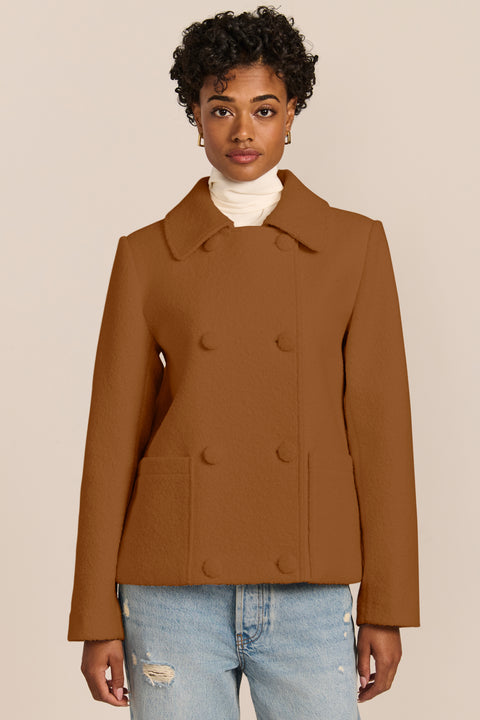 Double-Breasted Bouclé Jacket in camel, with pointed collar and patch pockets.