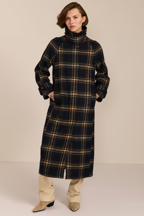 women's long wool coat navy plaid with a contrast corduroy collar, long silhouette and convertible high neckline.
