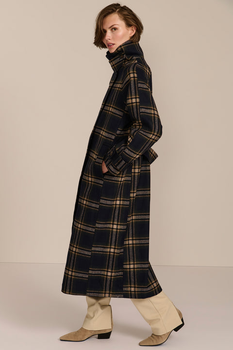 women's long wool coat navy plaid with a contrast corduroy collar, long silhouette and convertible high neckline.
