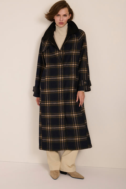 women's long wool coat navy plaid with a contrast corduroy collar, long silhouette and convertible high neckline.
