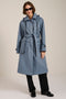 Women's belted raincoat with removable hood and water-repellent finish.