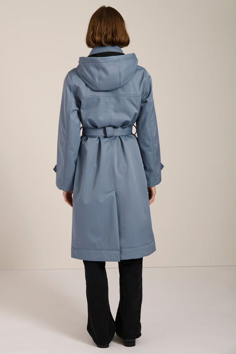 Women's belted raincoat with removable hood and water-repellent finish.