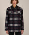 Brushed plaid shirt jacket with faux leather collar, flap chest pockets and side-entry welt pockets.