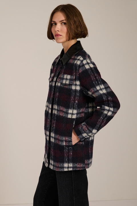 Brushed plaid shirt jacket with faux leather collar, flap chest pockets and side-entry welt pockets.