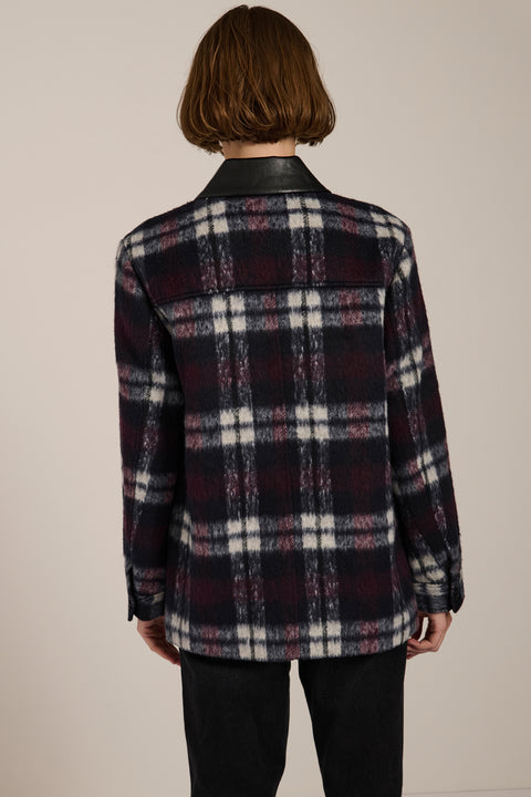Brushed plaid shirt jacket with faux leather collar, flap chest pockets and side-entry welt pockets.