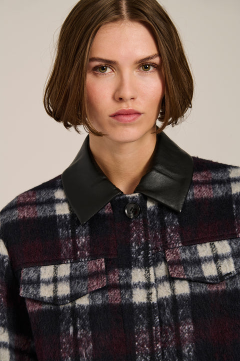Brushed plaid shirt jacket with faux leather collar, flap chest pockets and side-entry welt pockets.