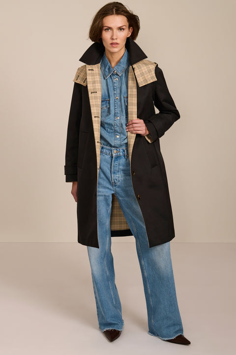 women's plaid-trim raincoat with a hood, stand collar, button-front closure, welt pockets and adjustable cuff tabs.