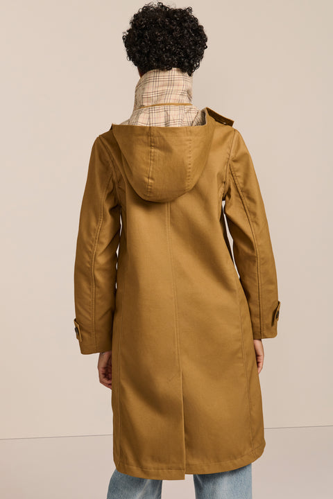 women's plaid-trim raincoat with a hood, stand collar, button-front closure, welt pockets and adjustable cuff tabs.