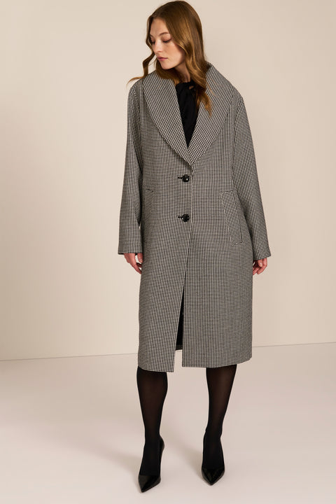 Women's brown houndstooth long coat with oversized notched collar, two-button closure and welt pockets.