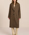 Women's brown houndstooth long coat with oversized notched collar, two-button closure and welt pockets.