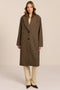Women's brown houndstooth long coat with oversized notched collar, two-button closure and welt pockets.