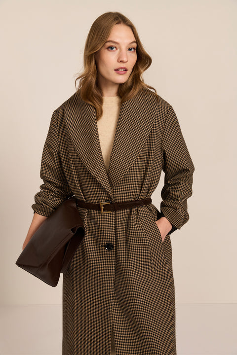 Women's brown houndstooth long coat with oversized notched collar, two-button closure and welt pockets.
